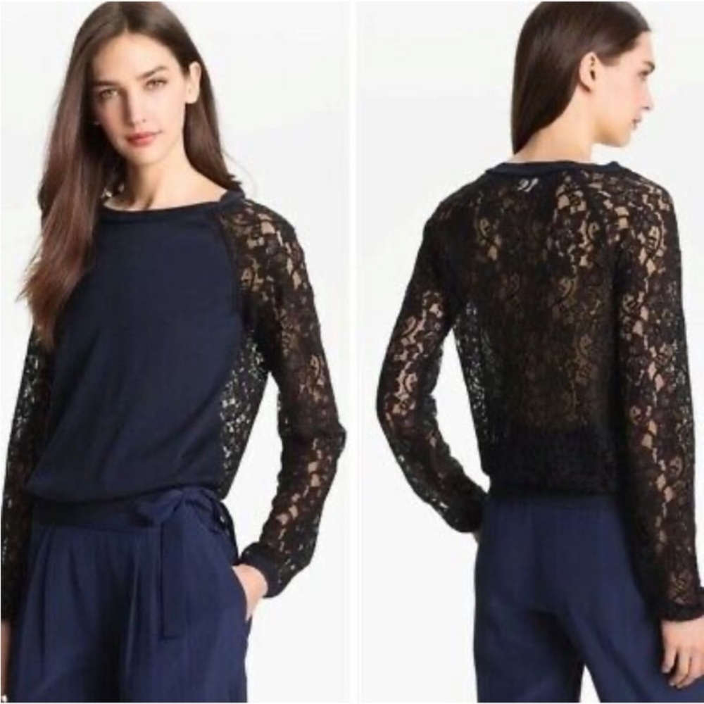 Diane Von Furstenberg Avani Navy Top with Black Lace Sleeves